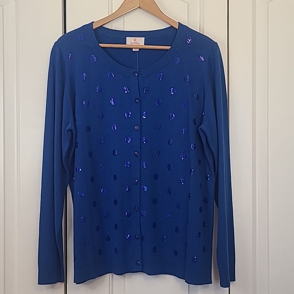 Quacker Factory Royal Blue Sequin Embellished Polka Dot Button Cardigan Size XL